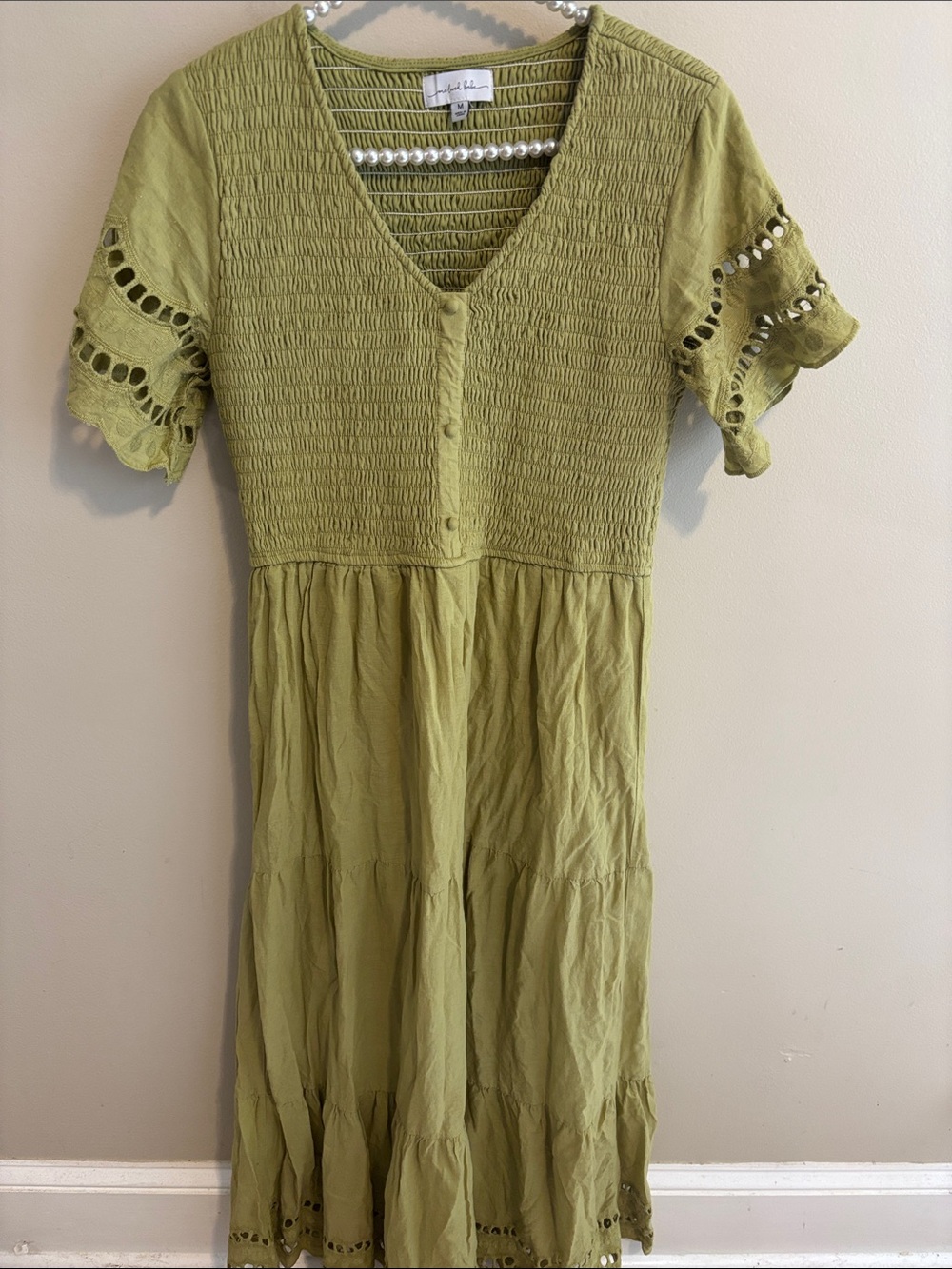 One Loved Babe Green Smocked Midi Dress Medium Boho Eyelet Cutout Tiered V-Neck